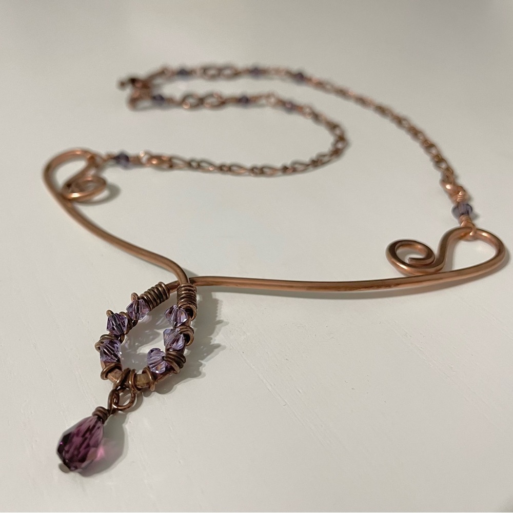 Copper Scroll Necklace Beaded Plum and Lilac‎ Crystals Elegant Rustic Handmade